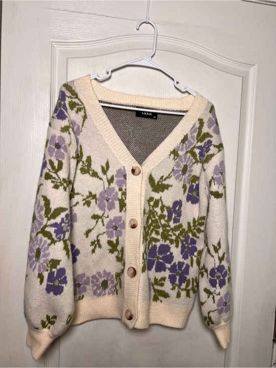 Cider Sweaters - CIDER 0XL Cream Purple Floral Knit Cardigan Cottagecore Sweater